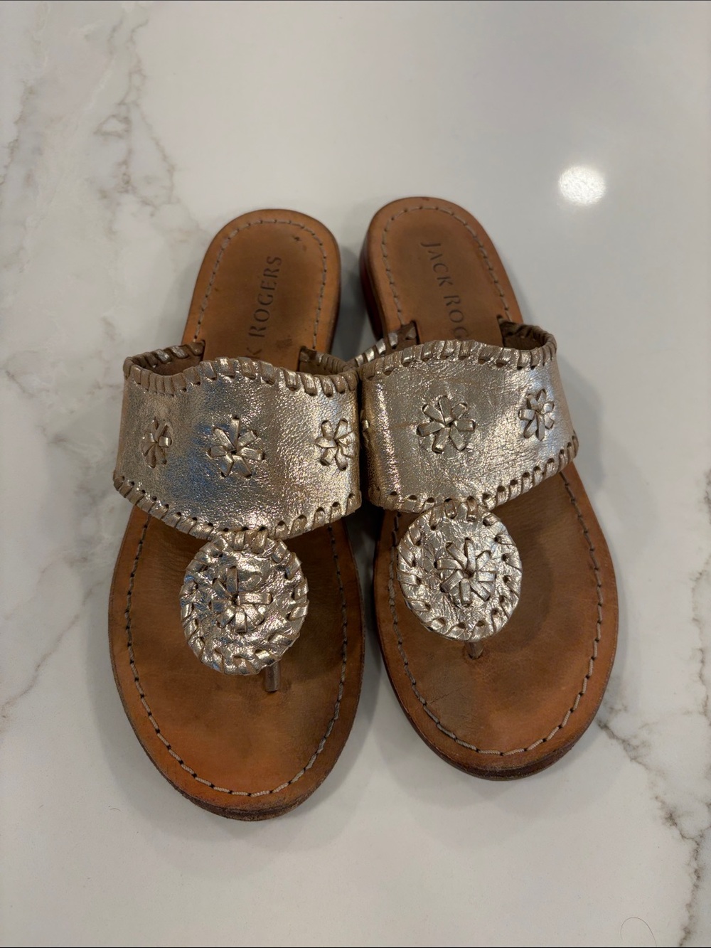 Jack Rogers Silver Metallic Leather Thong Sandals